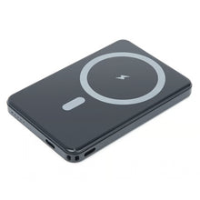 LINOCELL magnetisk powerbank på 5000 mAh, sort med afrundede kanter, opladningssymbol, MagSafe, 15 W trådløs opladning og 20 W USB-C-porte.