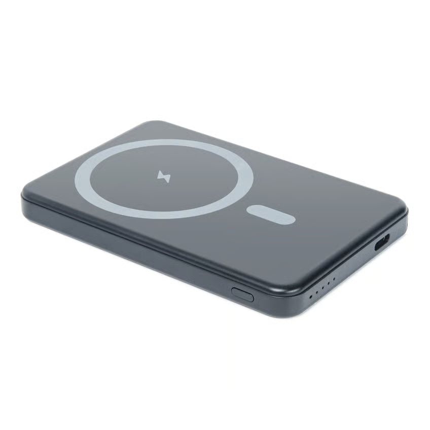 Magnetisk powerbank på 5000 mAh med MagSafe, cirkulært opladningssymbol, 15 W trådløs opladning, tænd/sluk-knap, LED-lys, USB-C 20 W.
