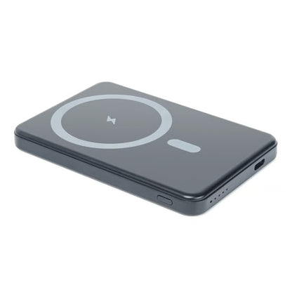 Magnetisk powerbank på 5000 mAh med MagSafe, cirkulært opladningssymbol, 15 W trådløs opladning, tænd/sluk-knap, LED-lys, USB-C 20 W.