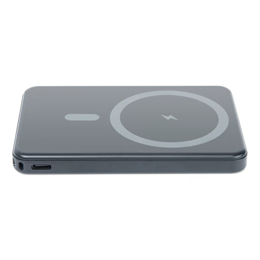 LINOCELL Magnetisk powerbank 5000 mAh, rektangulær med afrundede hjørner, USB-C-port, cirkulært MagSafe-symbol.