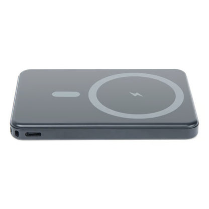 LINOCELL Magnetisk powerbank 5000 mAh, rektangulær med afrundede hjørner, USB-C-port, cirkulært MagSafe-symbol.