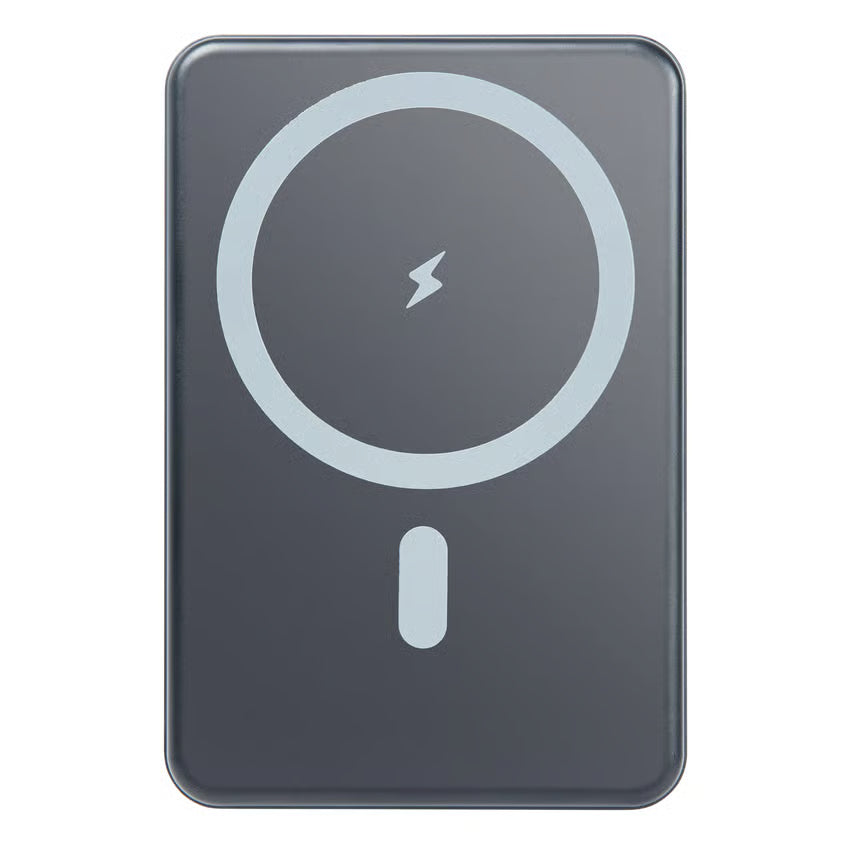 LINOCELL Magnetisk powerbank 5000 mAh, grå, rektangulær med cirkelsymbol og lyn, 15 W trådløs opladning, 20 W USB-C.