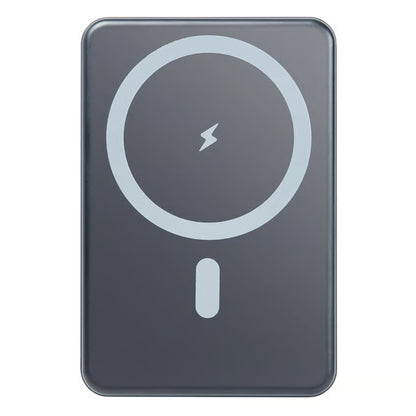 LINOCELL Magnetisk powerbank 5000 mAh, grå, rektangulær med cirkelsymbol og lyn, 15 W trådløs opladning, 20 W USB-C.