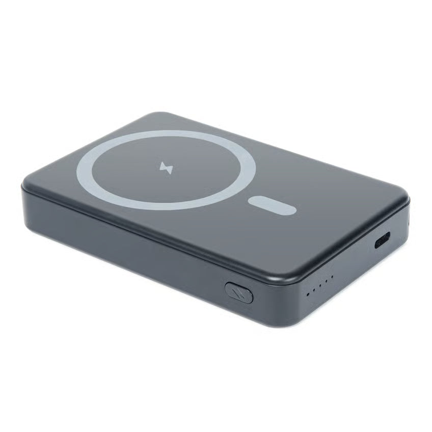 LINOCELL magnetisk powerbank 10.000 mAh, sort, rund MagSafe-plade, tænd/sluk-knap, 4 LED-lamper, USB-C-port, 15 W/20 W opladning.