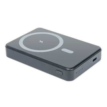 LINOCELL magnetisk powerbank 10.000 mAh, sort, rund MagSafe-plade, tænd/sluk-knap, 4 LED-lamper, USB-C-port, 15 W/20 W opladning.