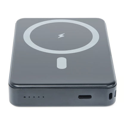 LINOCELL magnetisk powerbank 10.000 mAh sort, MagSafe, 15 W trådløs opladning, USB-port, 20 W USB-C-udgang, LED-indikatorer.
