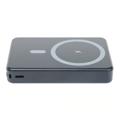 Magnetisk powerbank på 10.000 mAh, sort, rektangulær, MagSafe-kompatibel, cirkulært opladningssymbol, 15 W trådløs opladning, 20 W USB-C.