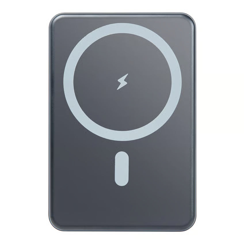 LINOCELL magnetisk powerbank, mørk, rektangulær, med lysende cirkel og lynsymbol, MagSafe 15 W, USB-C 20 W, 10.000 mAh.