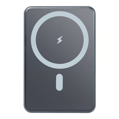 LINOCELL magnetisk powerbank, mørk, rektangulær, med lysende cirkel og lynsymbol, MagSafe 15 W, USB-C 20 W, 10.000 mAh.