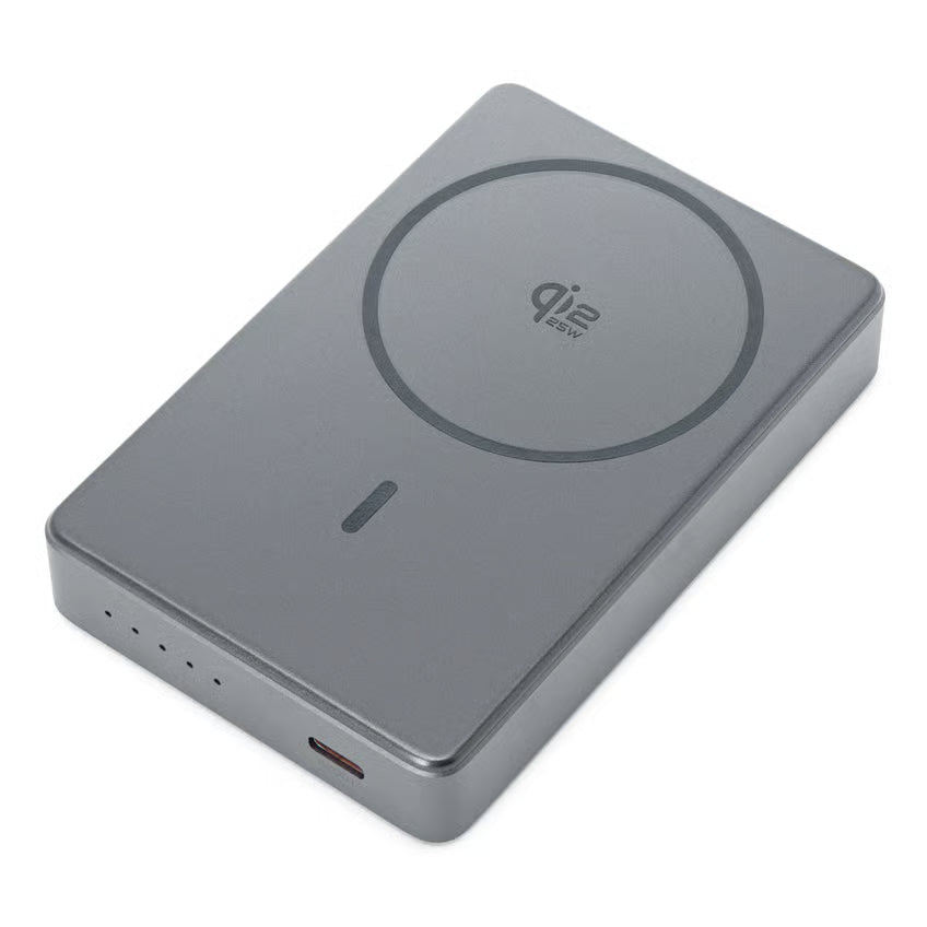 LINOCELL Premium High-Speed magnetisk powerbank 35 W PD 10.000 mAh, grå, med Qi2-opladning, LED-indikator og USB-C-port.