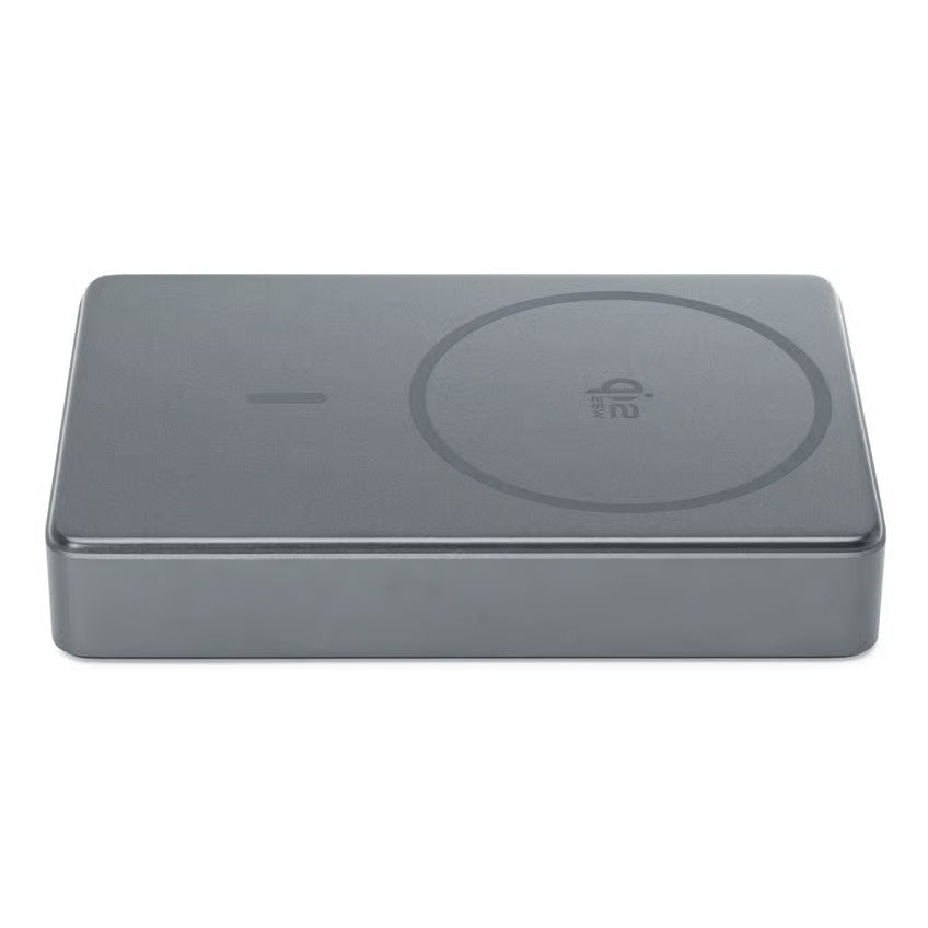 Linocell Premium High-Speed magnetisk powerbank 35 W PD 10.000 mAh, grå, rektangulær med Qi2-symbol og cirkelmarkering.