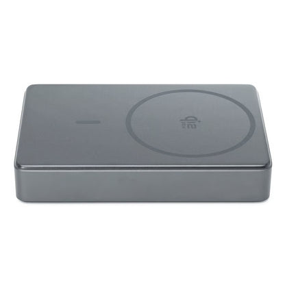Linocell Premium High-Speed magnetisk powerbank 35 W PD 10.000 mAh, grå, rektangulær med Qi2-symbol og cirkelmarkering.