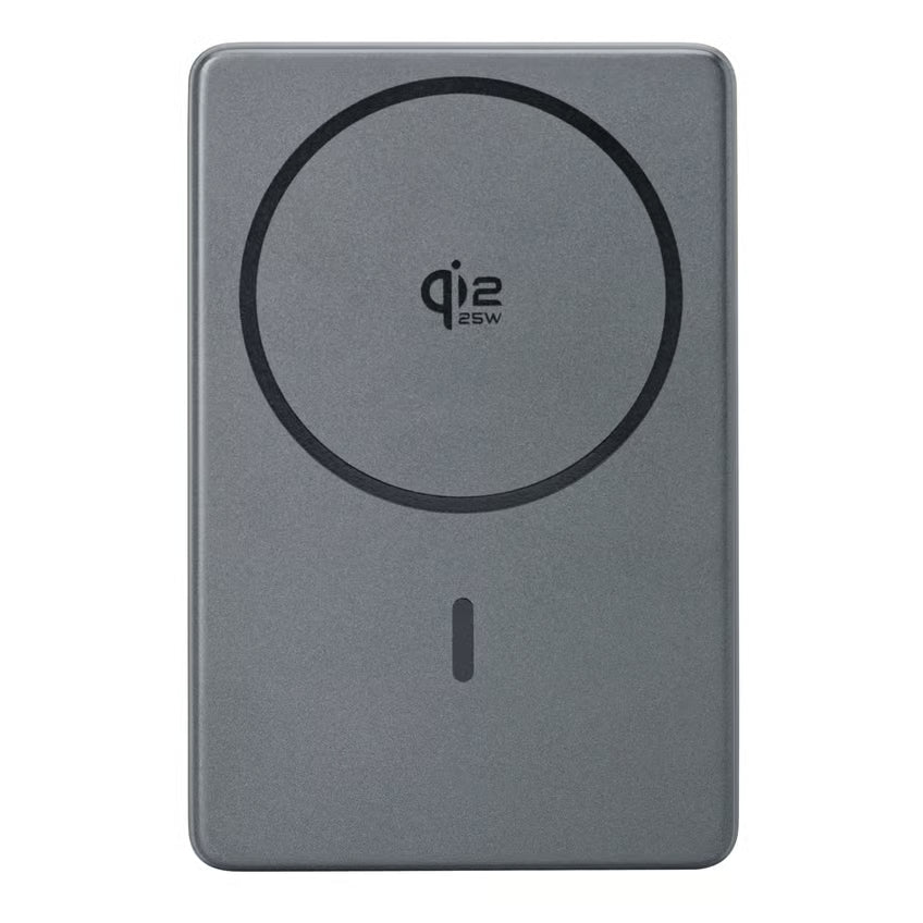 Linocell Premium High-Speed magnetisk powerbank 35 W PD 10.000 mAh grå, cirkulær form, »qi2 25 W«-tekst, lysindikator, MagSafe.