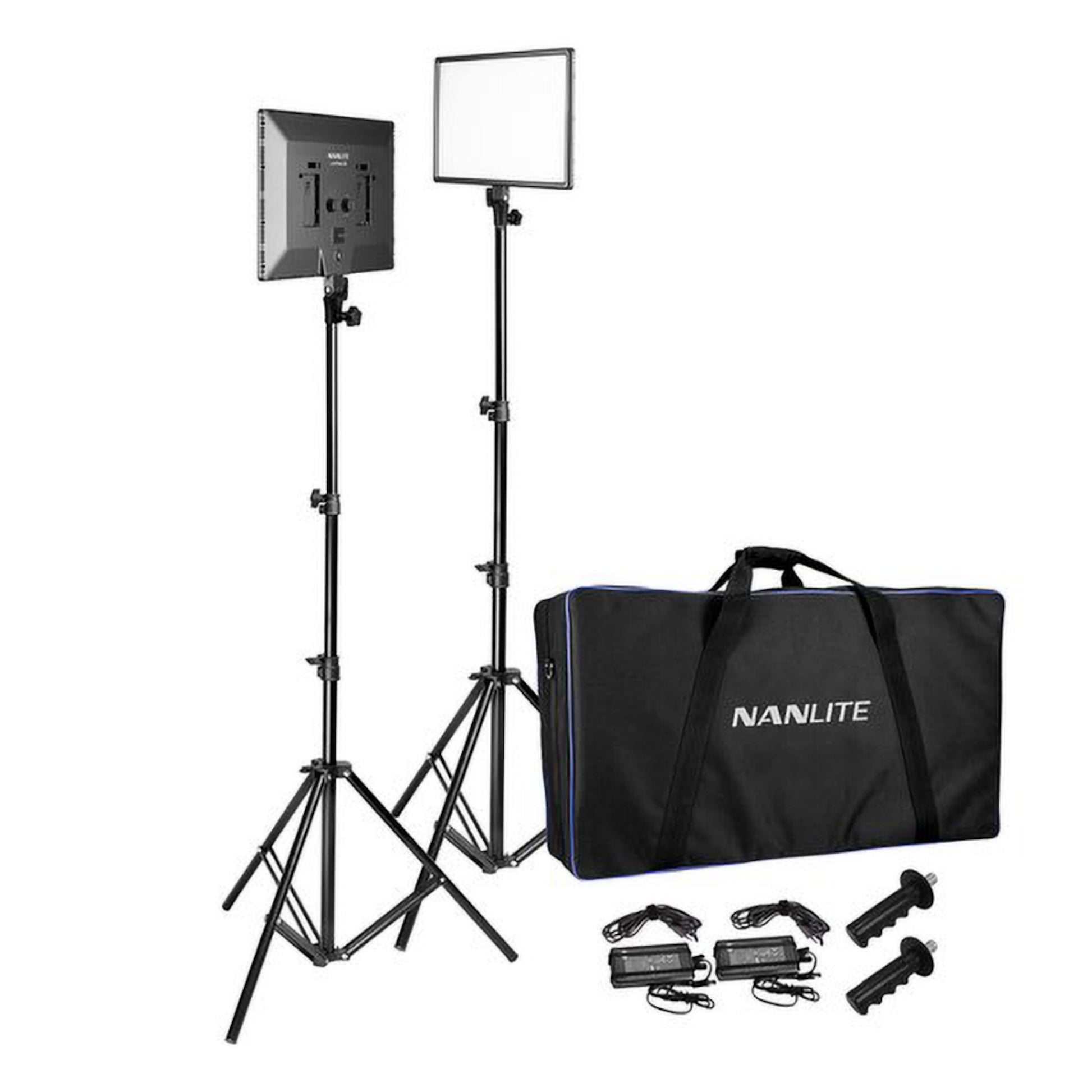 Nanlite LumiPad 25 LED-panel 2-pakke med stativer, sort taske, to strømforsyninger og håndtag.