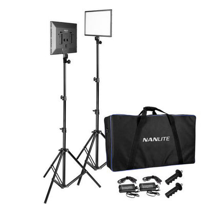 Nanlite LumiPad 25 LED-panel 2-pakke med stativer, sort taske, to strømforsyninger og håndtag.