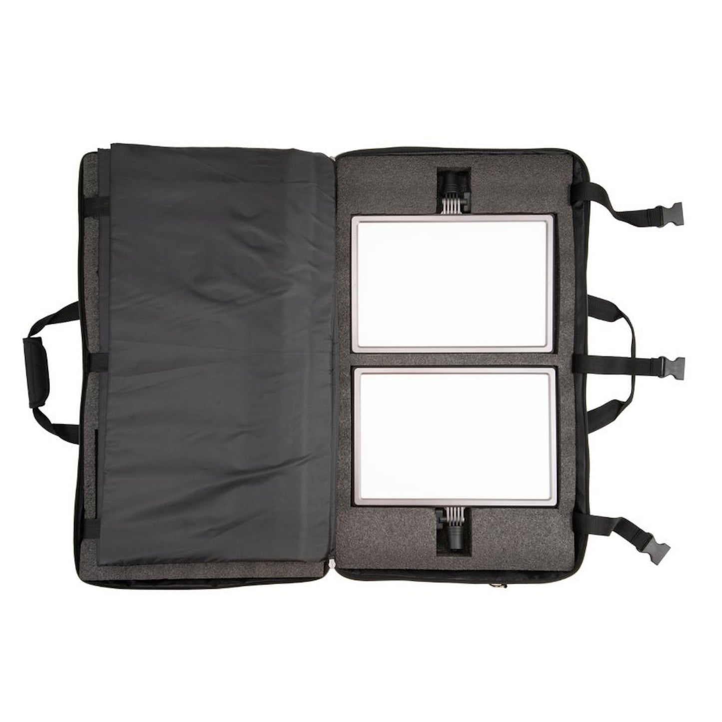 Nanlite LumiPad 25 LED-paneler med stativ 2-pakke i sort kuffert, til hvide LED-paneler i grå skumindlæg.