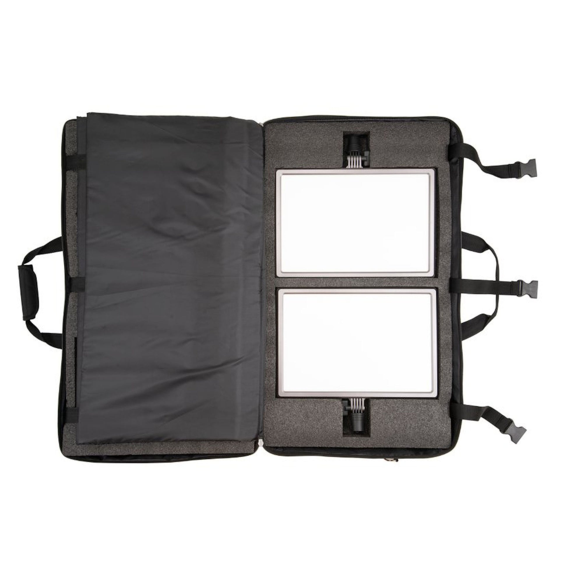 Nanlite LumiPad 25 LED-paneler med stativ 2-pakke i sort kuffert, til hvide LED-paneler i grå skumindlæg.