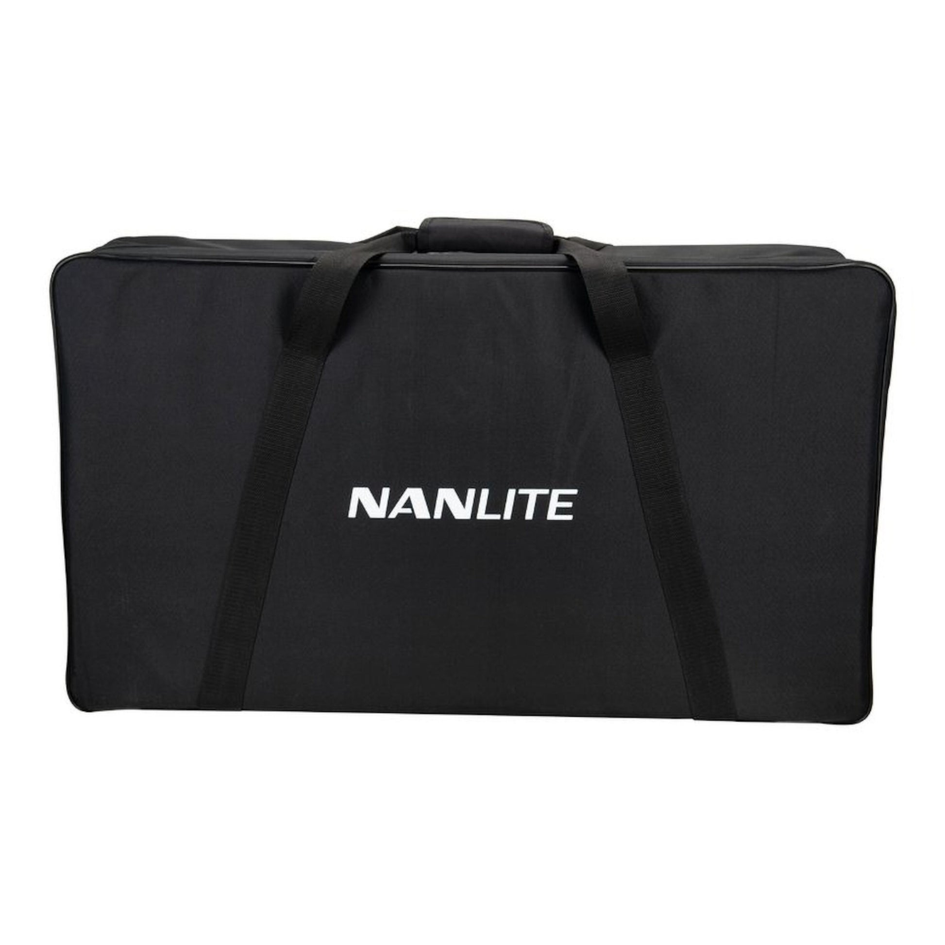 Sorter taske med to hanke, hvidt NANLITE-logo foran, passende til Nanlite LumiPad 25 LED-paneler med stativ 2-pakke.