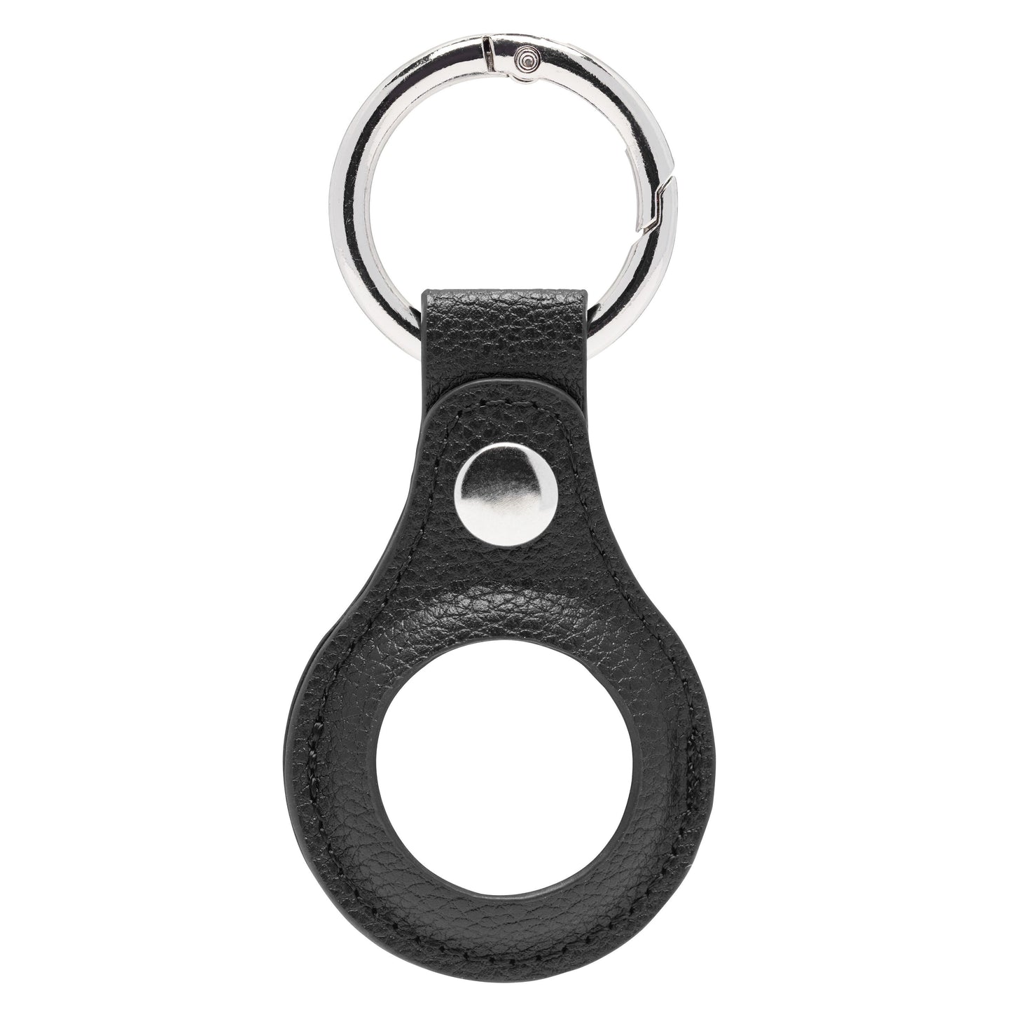 Linocell AirTag nøglering i sort vegansk læder med cirkulær åbning, metal snap-lukning og sølvfarvet nøglering.
