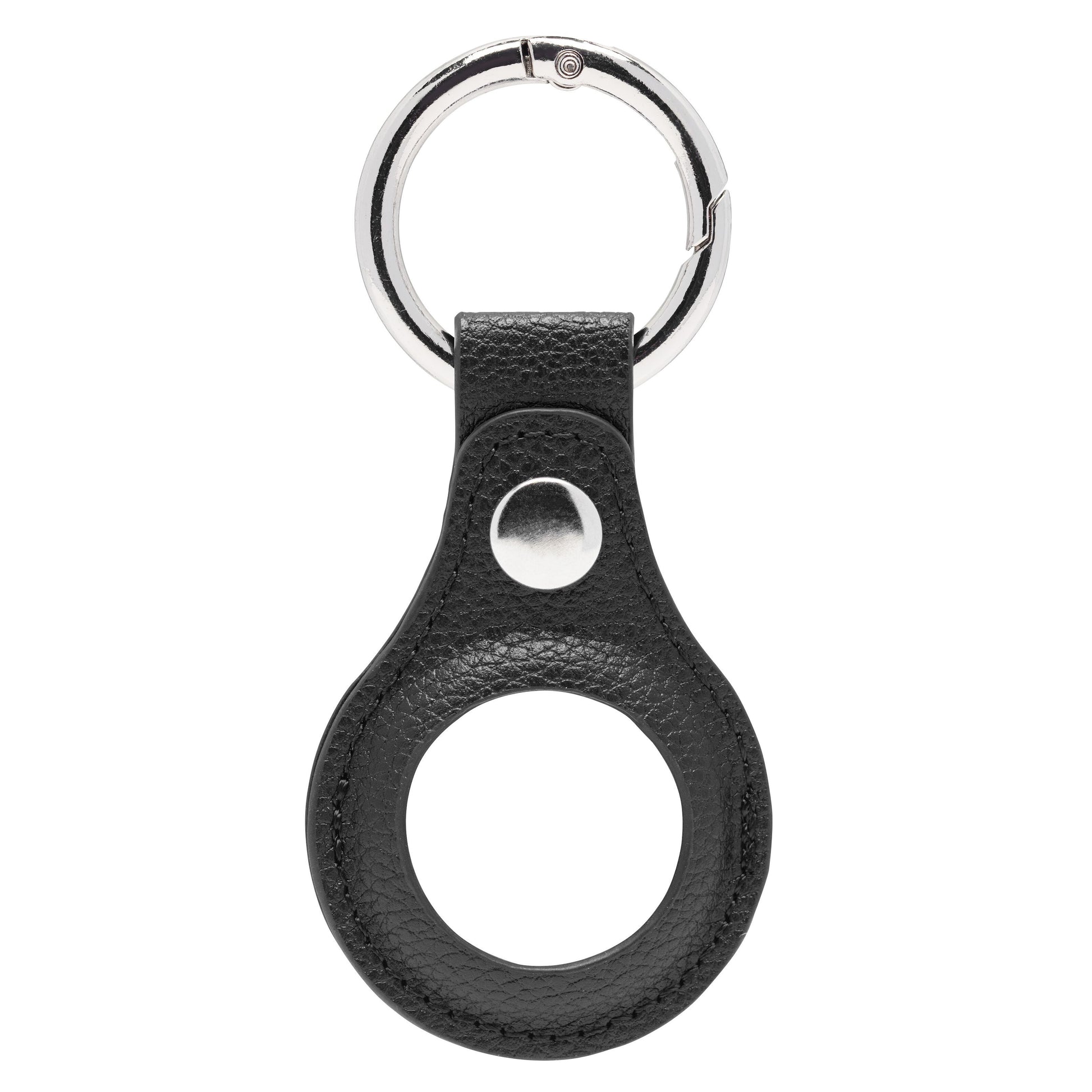Linocell AirTag nøglering i sort vegansk læder med cirkulær åbning, metal snap-lukning og sølvfarvet nøglering.
