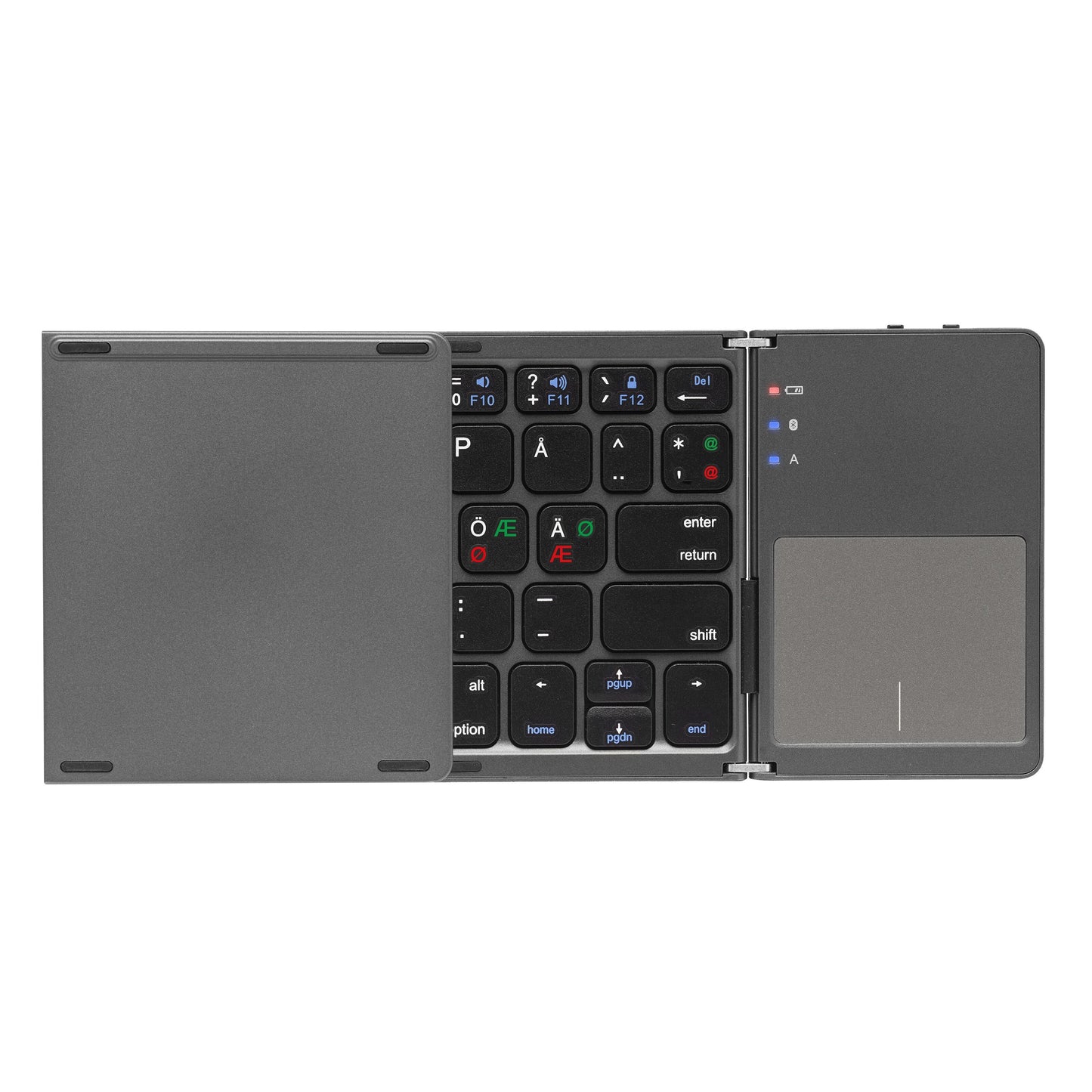 Linocell Foldbart Bluetooth-tastatur, sort med specialtegn, grå touchpad til højre, delvist åbent tastatur.