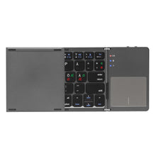 Linocell Foldbart Bluetooth-tastatur, sort med specialtegn, grå touchpad til højre, delvist åbent tastatur.