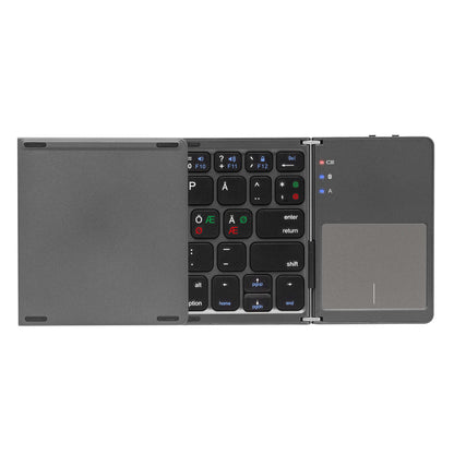 Linocell Foldbart Bluetooth-tastatur, sort med specialtegn, grå touchpad til højre, delvist åbent tastatur.