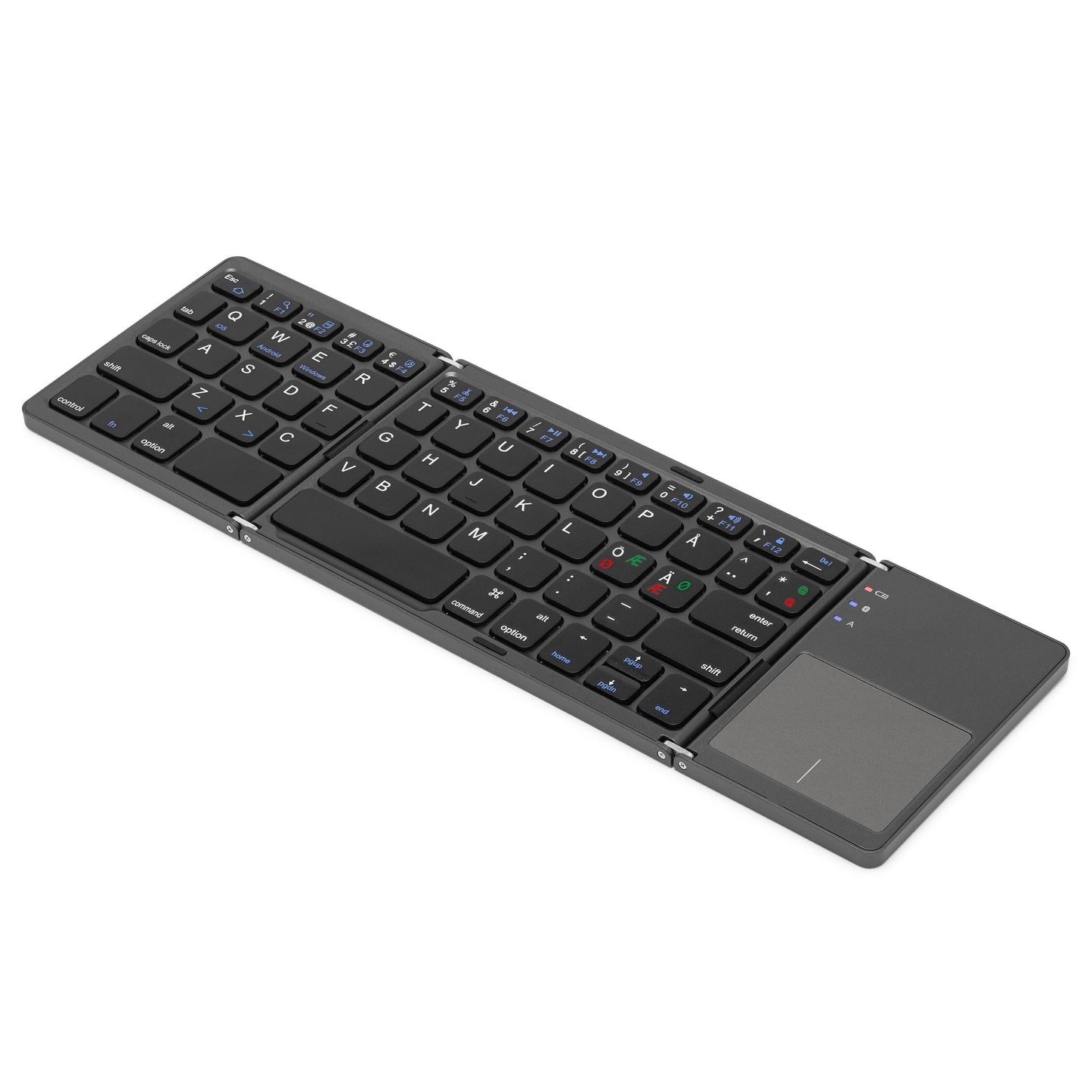 Linocell foldbart Bluetooth-tastatur med integreret touchpad i højre side, standard- og funktionsknapper.