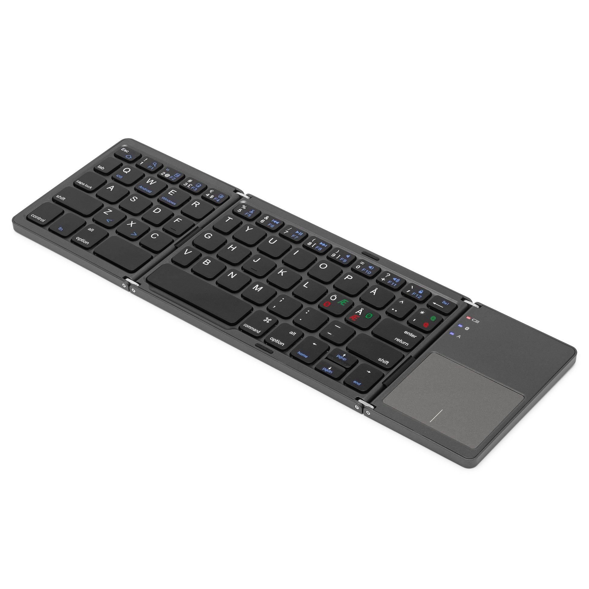 Linocell foldbart Bluetooth-tastatur med integreret touchpad i højre side, standard- og funktionsknapper.