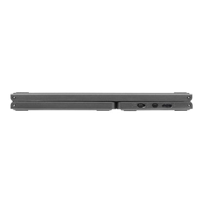 Sort laptop set bagfra med HDMI, USB-A, USB-C porte og højre side slot vises lukket og slankt design.