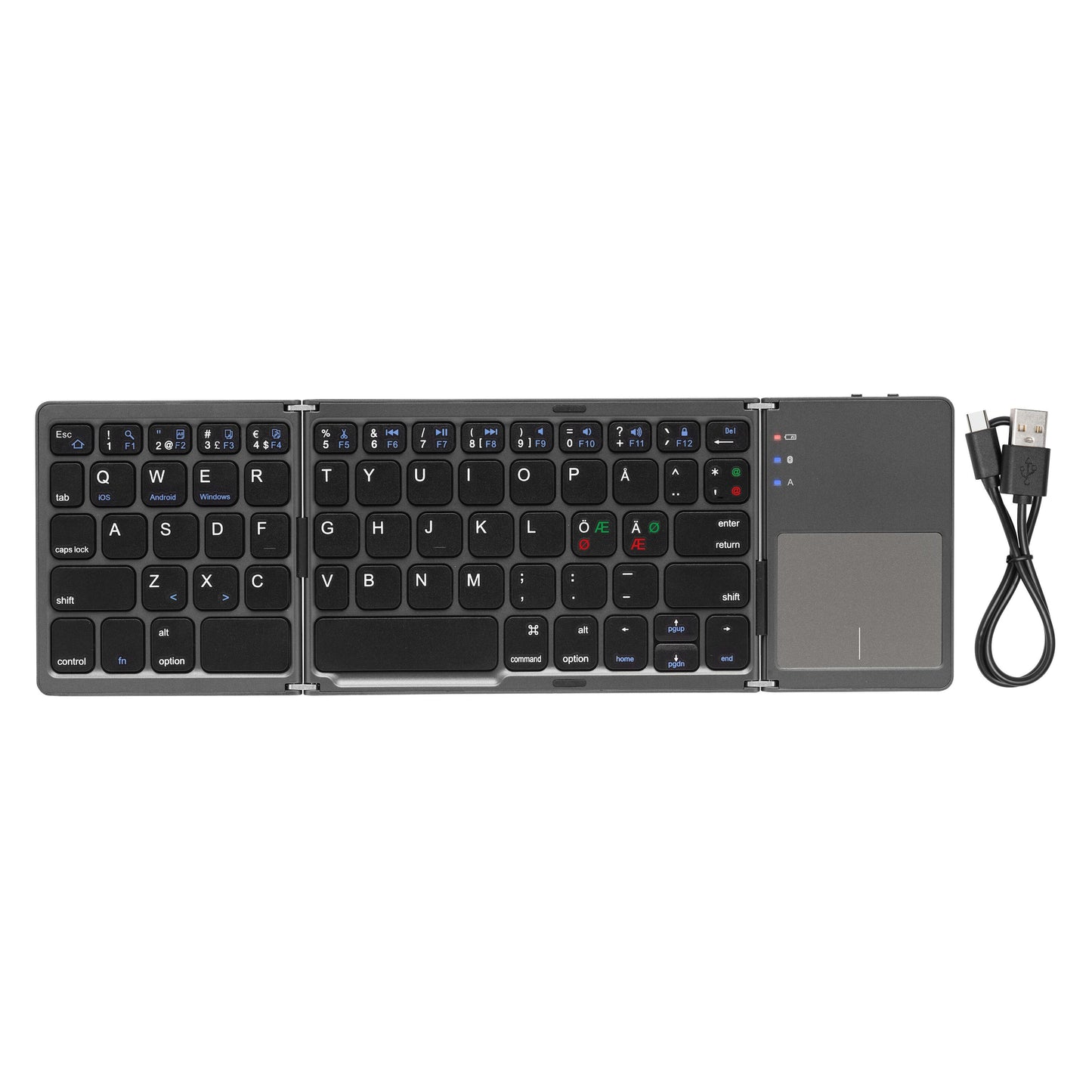 Linocell foldbart Bluetooth-tastatur med integreret touchpad højre side, vises åbent med USB-opladerkabel ved siden af.