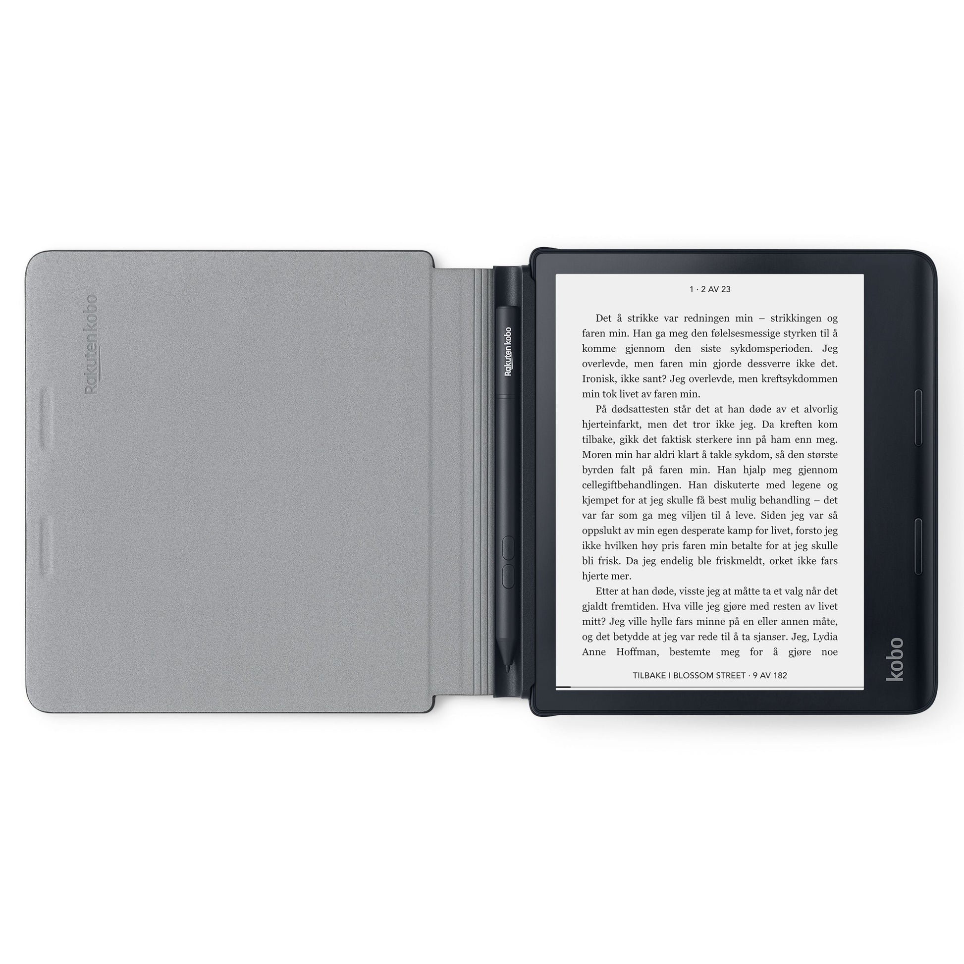 Kobo e-reader sort med grå Kobo Sage Powercover Etui, åben med svensk tekst, stylus i coverets magnetiske fold.