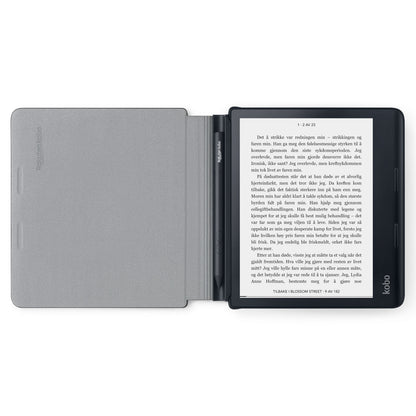 Kobo e-reader sort med grå Kobo Sage Powercover Etui, åben med svensk tekst, stylus i coverets magnetiske fold.
