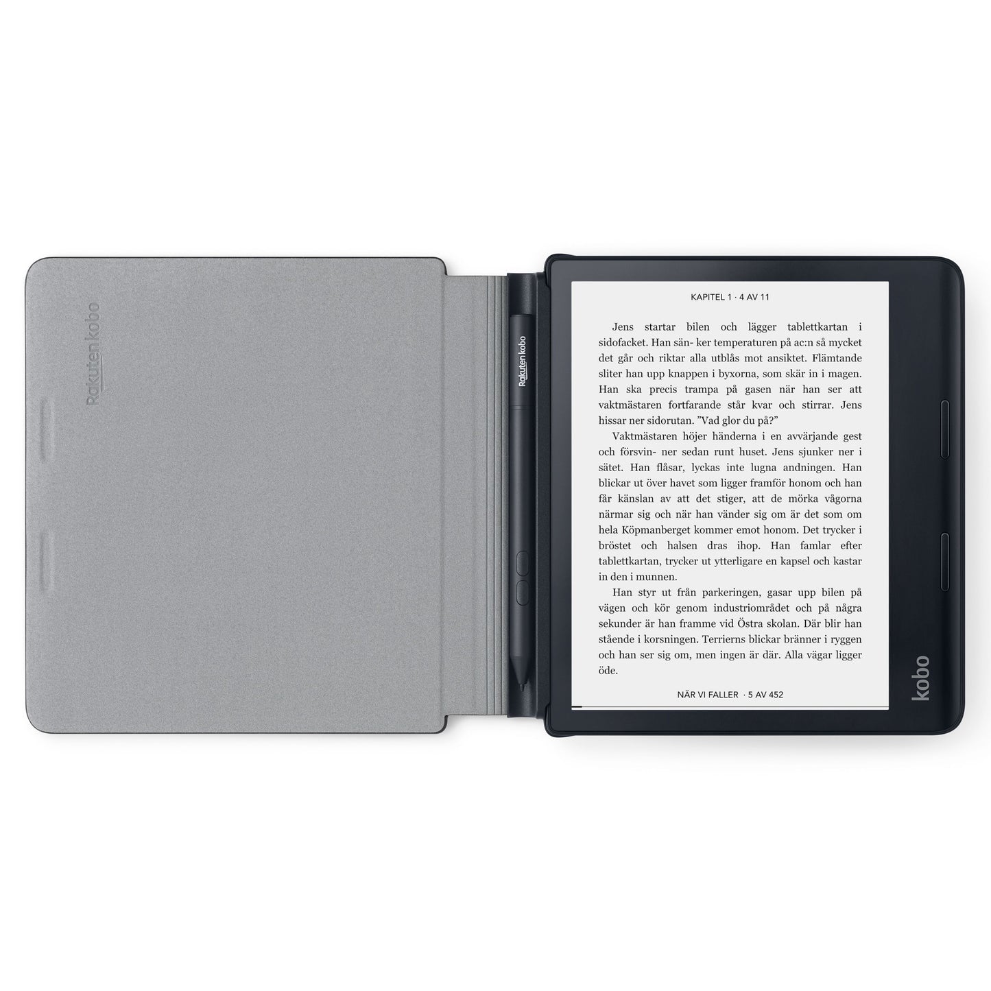 Kobo Sage Powercover etui grå med magnetlukning, e-læser viser svensk tekst, Kobo-logo nederst til højre.