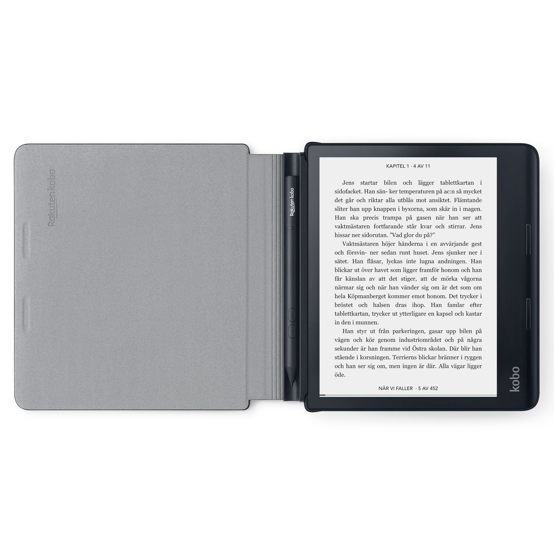Kobo Sage Powercover etui grå med magnetlukning, e-læser viser svensk tekst, Kobo-logo nederst til højre.
