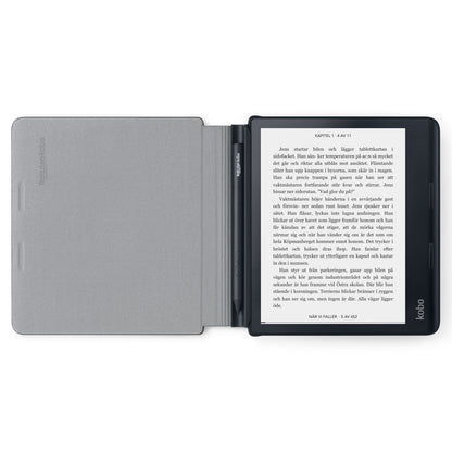 Kobo Sage Powercover etui grå med magnetlukning, e-læser viser svensk tekst, Kobo-logo nederst til højre.