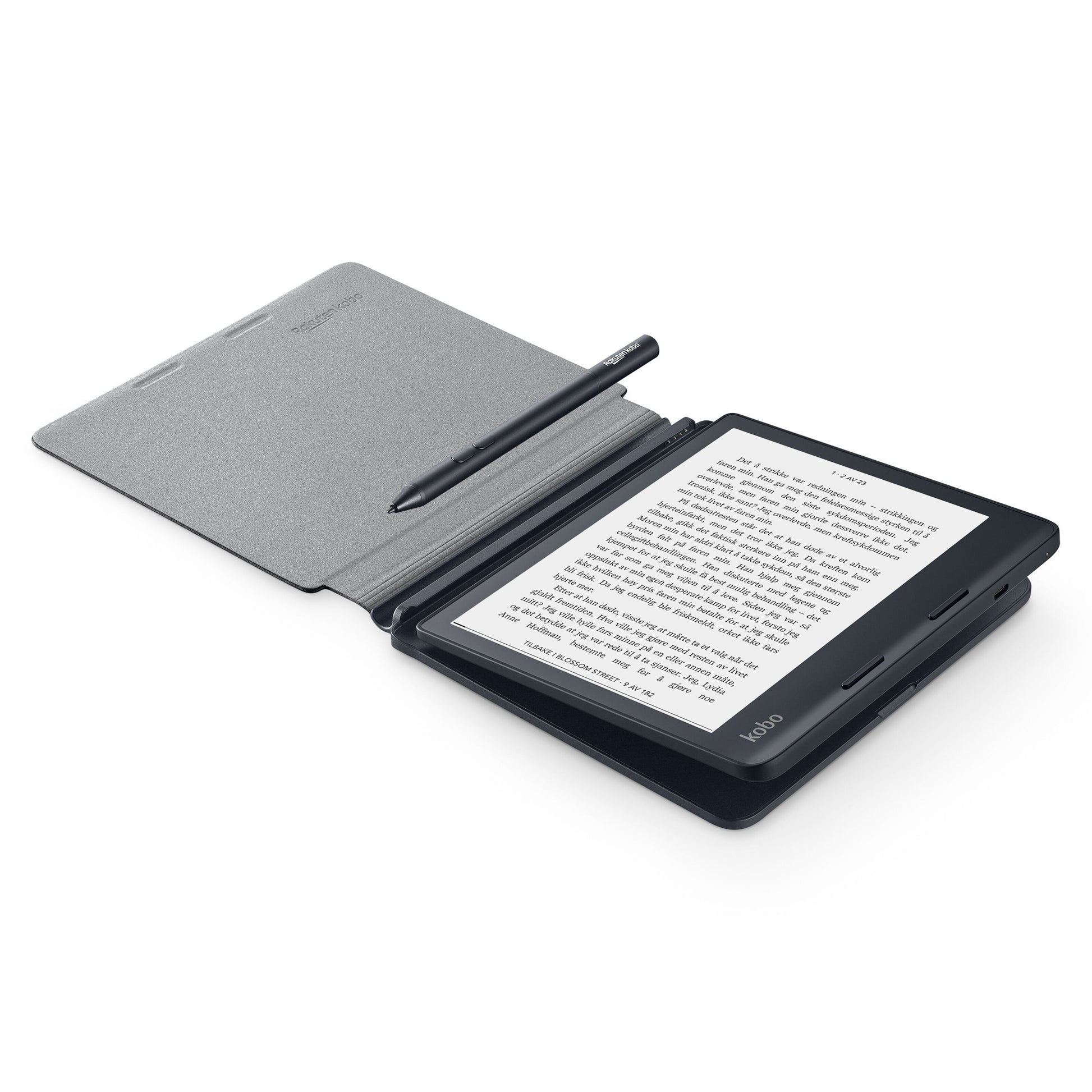 Kobo Sage Powercover ogui sort med batteri og stylus i holder, skærm viser tekst, magnetisk fastgørelse.