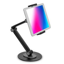 Linocell sort justerbart desktop-stativ til mobil/tablet 4,7-12,9", artikulerende arm, rund base, 360° rotation.