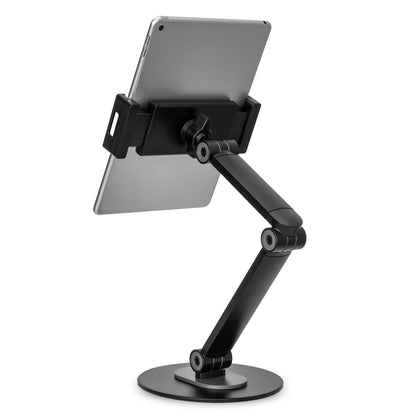 Linocell drejeligt beslag til mobil/tablet 4,7-12,9" sort med tre led, justerbar højde, rund fod og 360° rotation.