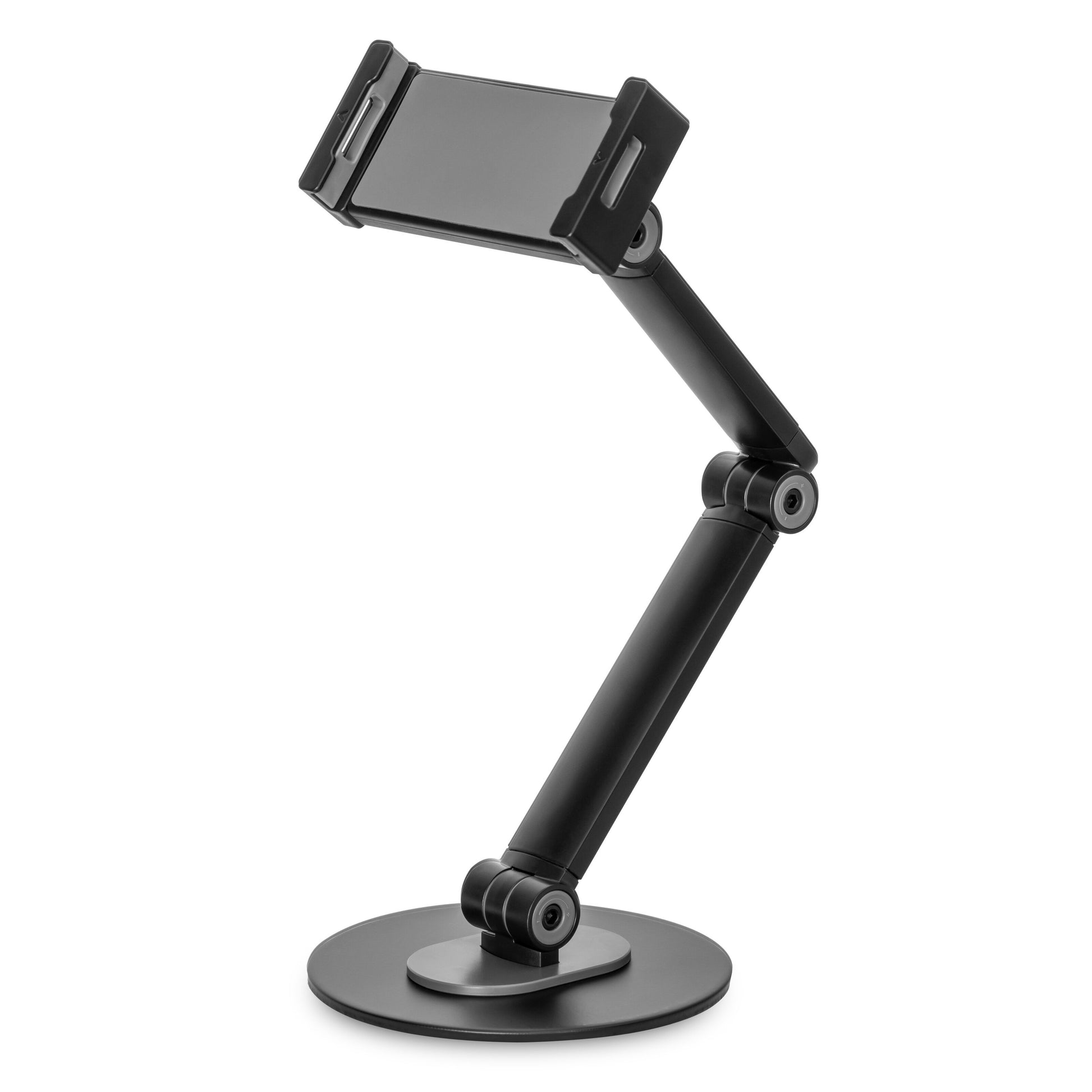 Sort justerbart stativ til mobil/tablet 4,7-12,9", 360° drejelig arm, rund base.