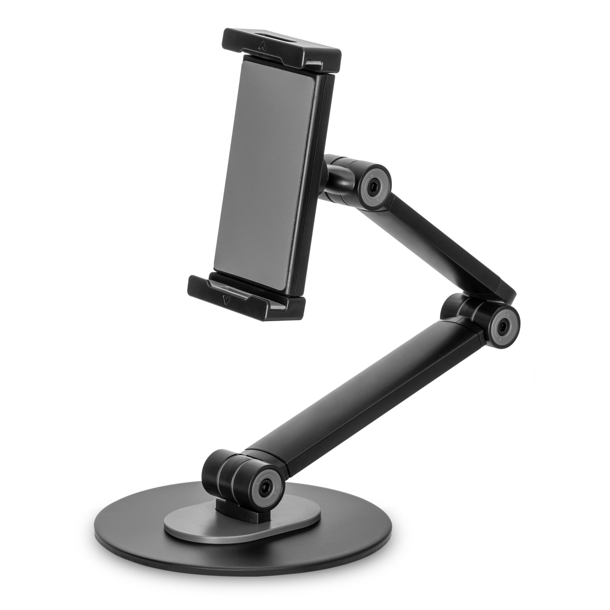 Drejeligt beslag til mobil/tablet 4,7-12,9", sort med rund fod, ledarme, justerbar højde og 360° rotation.