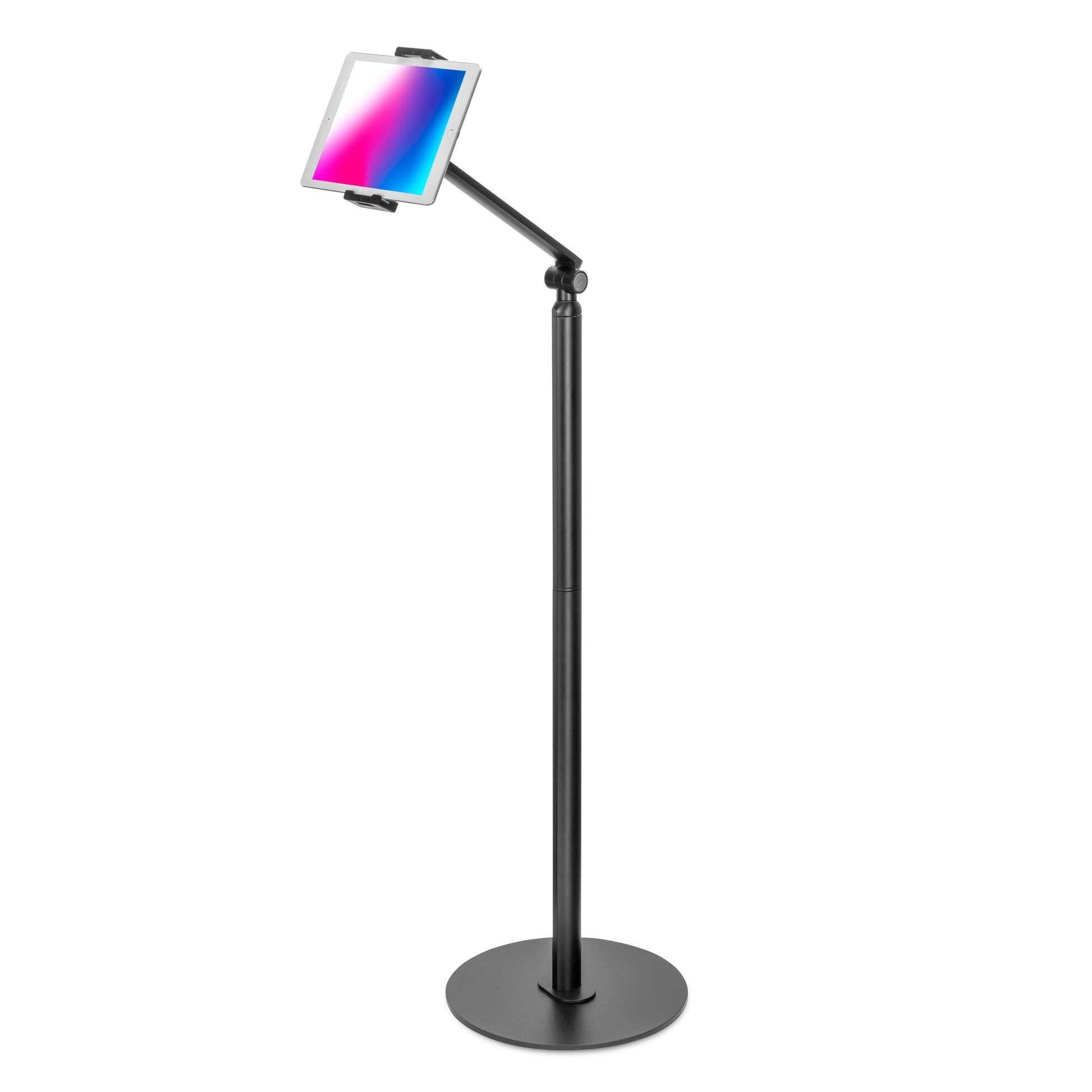 Linocell Stabilt gulvstativ til tablet 4,7-12,9", sort med rund fod og justerbar arm, vist med tablet i holder.