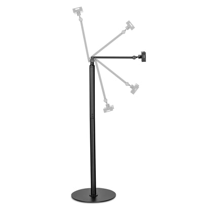 Linocell stabilt gulvstativ til tablet 4,7-12,9", vises fra flere vinkler med roterbar og vippelig arm.
