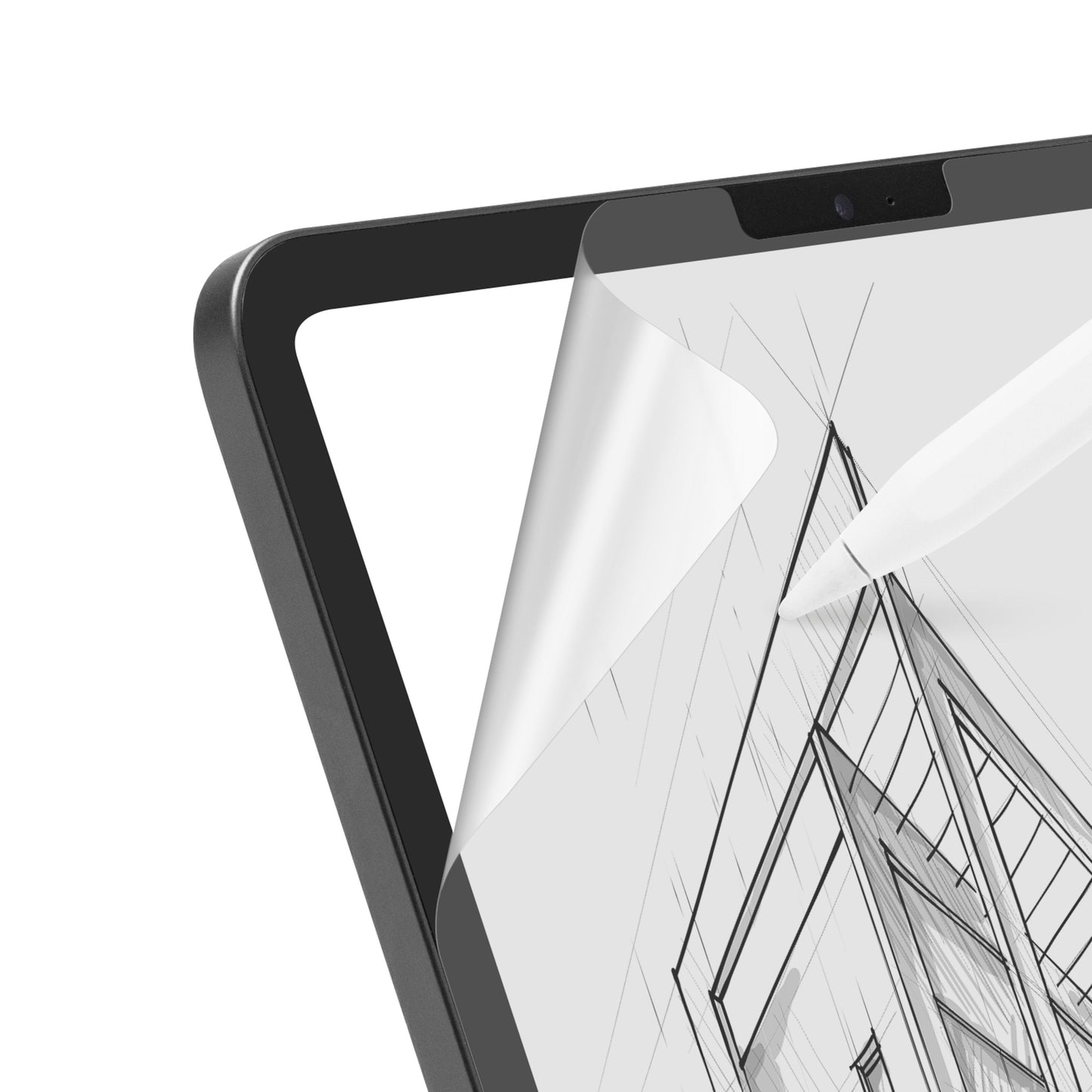 Apple Pencil på digital tablet med Linocell Tegn og Skriv skærmbeskyttelse til iPad Pro 11/Air 10,9, papiragtig overflade.
