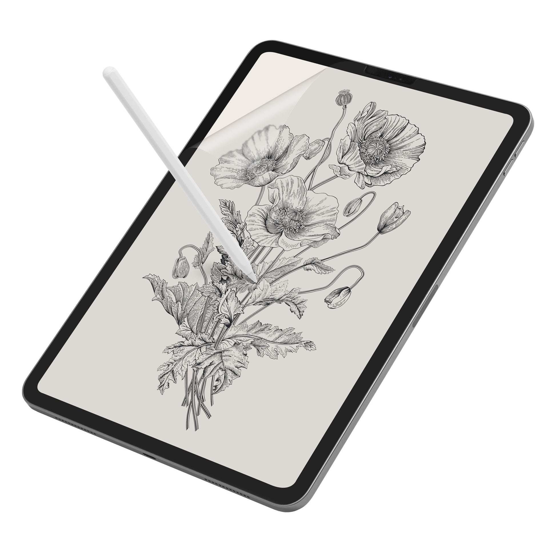 IPad Pro 11"/Air 10,9" med Tegn og skriv Skærmbeskyttelse, papirlignende overflade, hjørne delvist afmonteret.