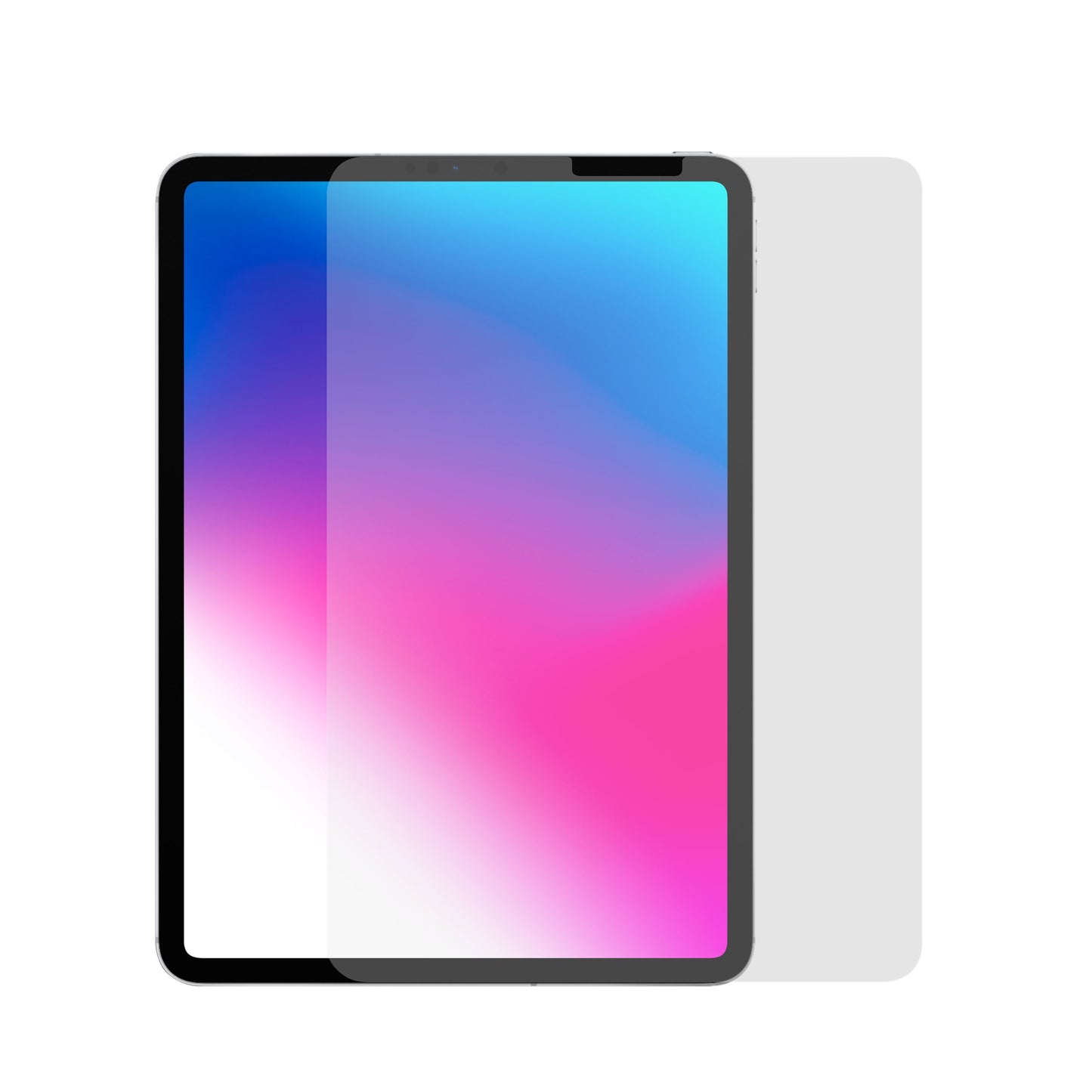 Skærmbeskyttelse til iPad Pro 11"/Air 10,9" med synlig delvis montering over skærm med blå og pink gradient.