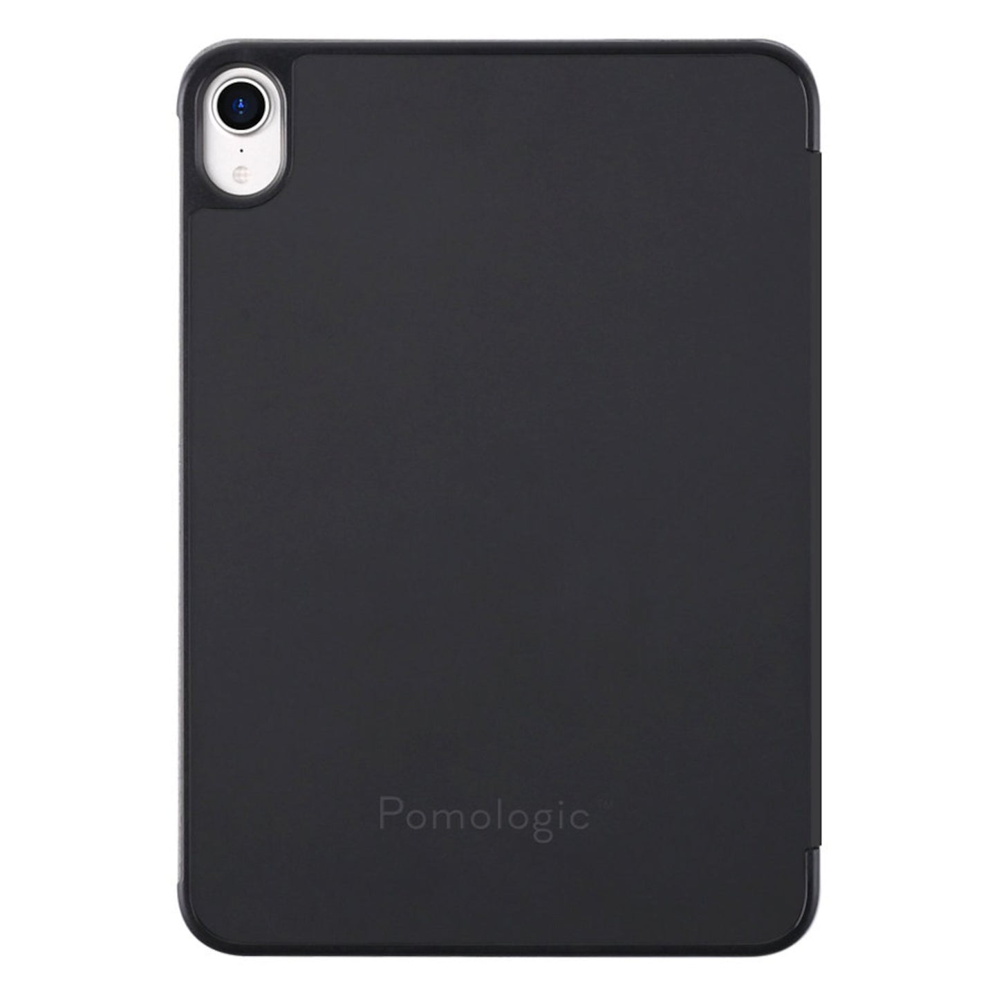 Pomologic Book Case til iPad Mini 6 Sort, sort cover med kamerahul øverst til venstre og Pomologic-logo nederst, 2021 model.