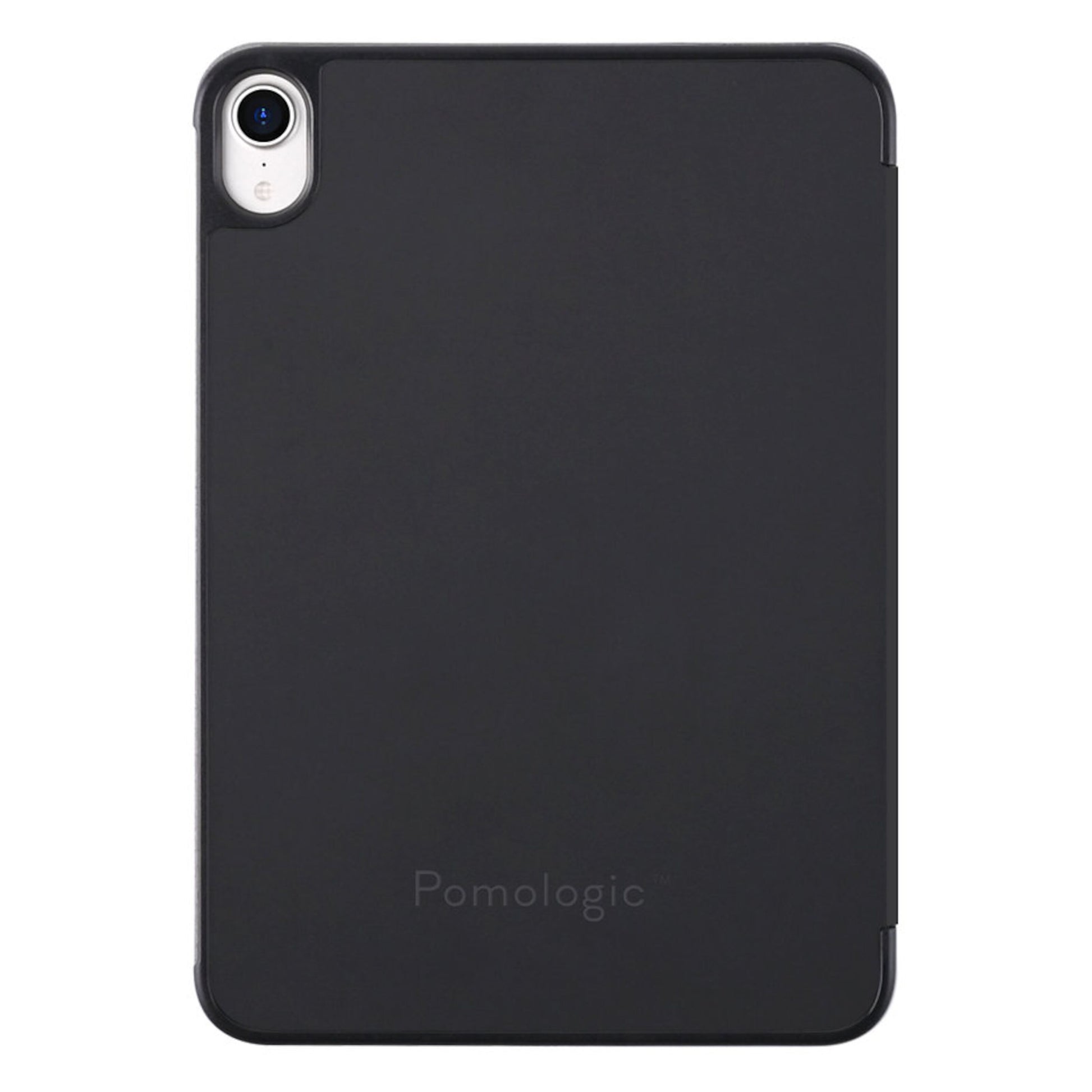 Pomologic Book Case til iPad Mini 6 Sort, sort cover med kamerahul øverst til venstre og Pomologic-logo nederst, 2021 model.