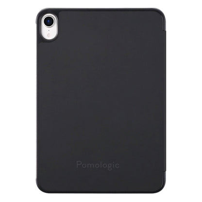 Pomologic Book Case til iPad Mini 6 Sort, sort cover med kamerahul øverst til venstre og Pomologic-logo nederst, 2021 model.
