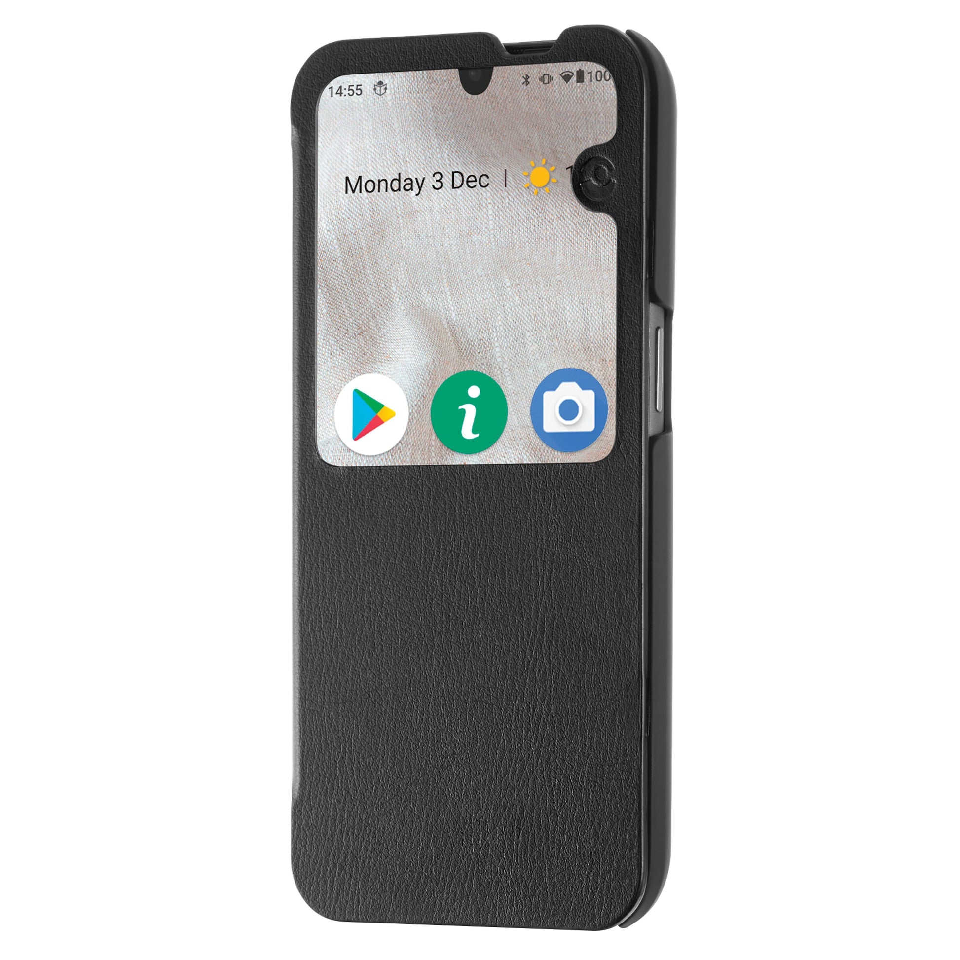 Doro 8110 smartphone i sort Doro Smart Cover til Doro 8100/8110, covervindue viser dato, vejr og tre appikoner.